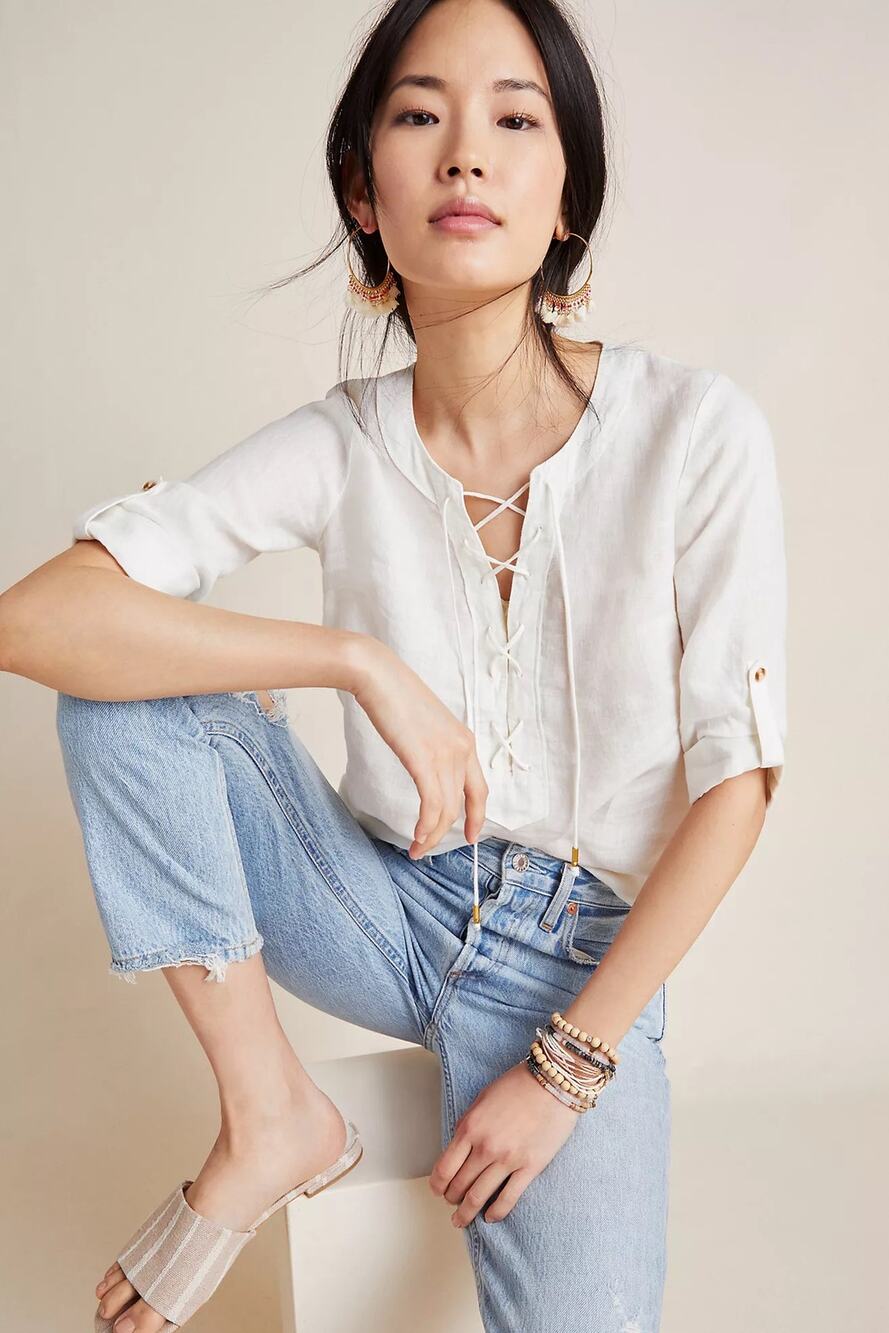 Maeve by Anthropologie Marva Lace-Up Linen Blouse White Size 14